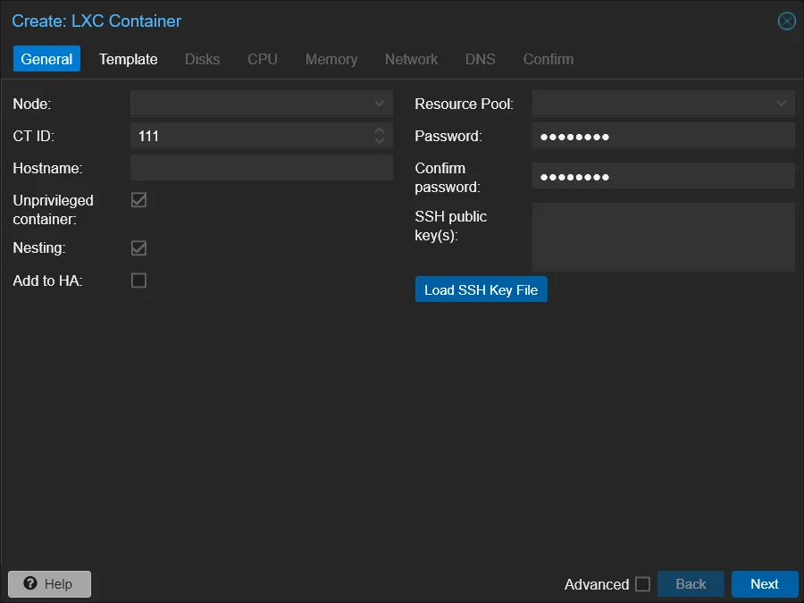 proxmox lxc tworzenie kontenera kreator GUI